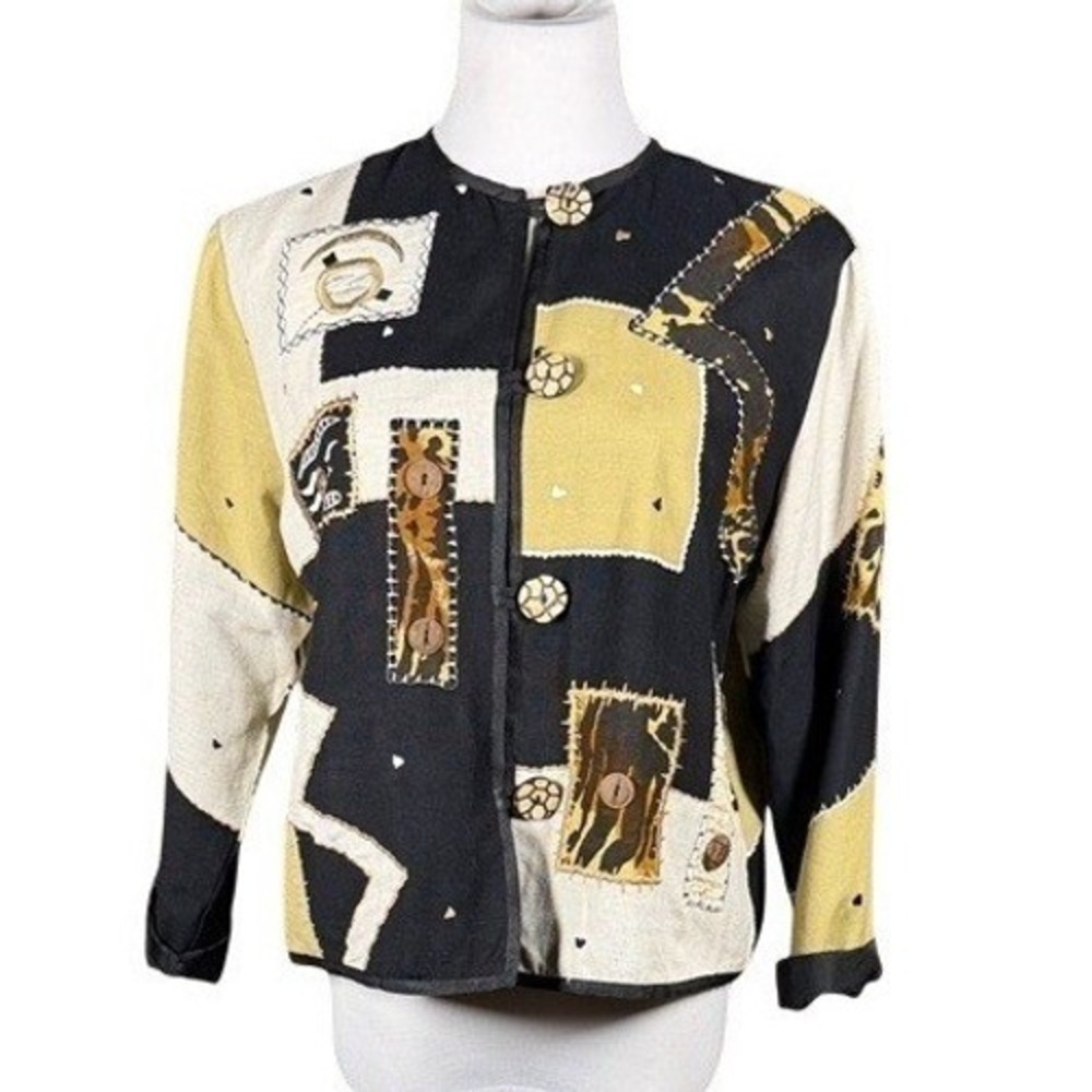 Allure Petite Chico Patchwork Animal Print Art to Wear Jacket Black Gold Small